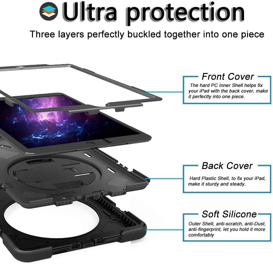 Fire HD 10 Case (2019/2018/2017 Release), Three Layer Heavy Duty Shockproof Rugged Protective High Impact Cover Case W/ Stand Hand Strap & Shoulder Strap for Amazon Kindle Fire HD 10.1 Inch Tablet - Black