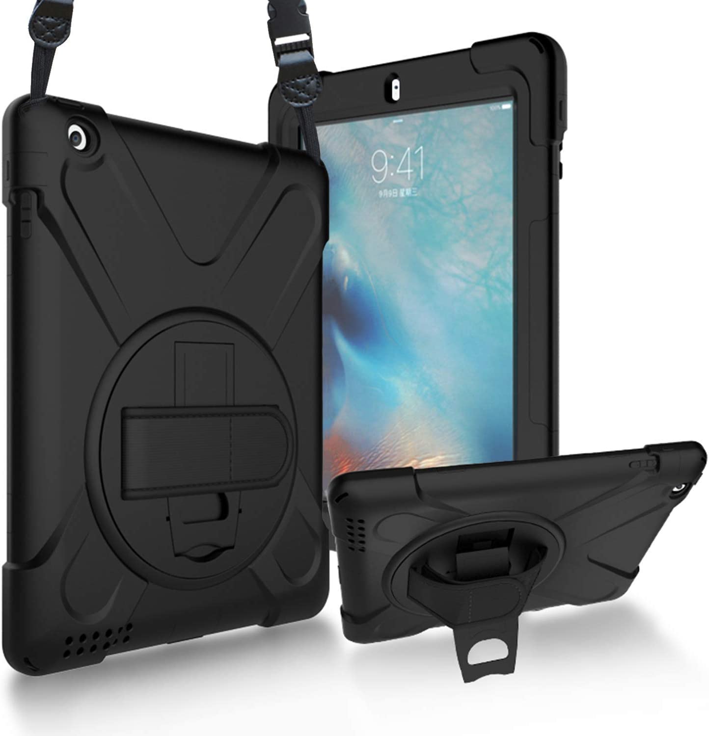 Fire HD 10 Case (2019/2018/2017 Release), Three Layer Heavy Duty Shockproof Rugged Protective High Impact Cover Case W/ Stand Hand Strap & Shoulder Strap for Amazon Kindle Fire HD 10.1 Inch Tablet - Black