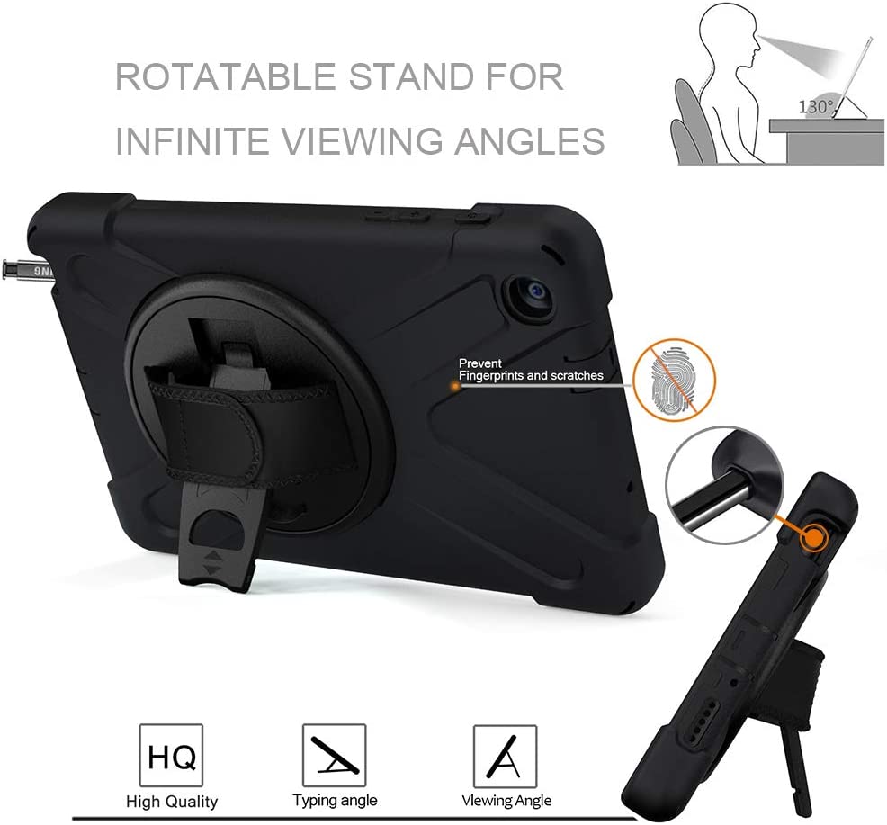 Yapears Galaxy Tab A 8.0" (2019) with S Pen Case, 360 Degree Rotatable with Kickstand,Hand Strap and Shoulder Strap case, Yapears 3 Layer Hybrid Heavy Duty Shockproof case for SM-P200/P205 (Black)