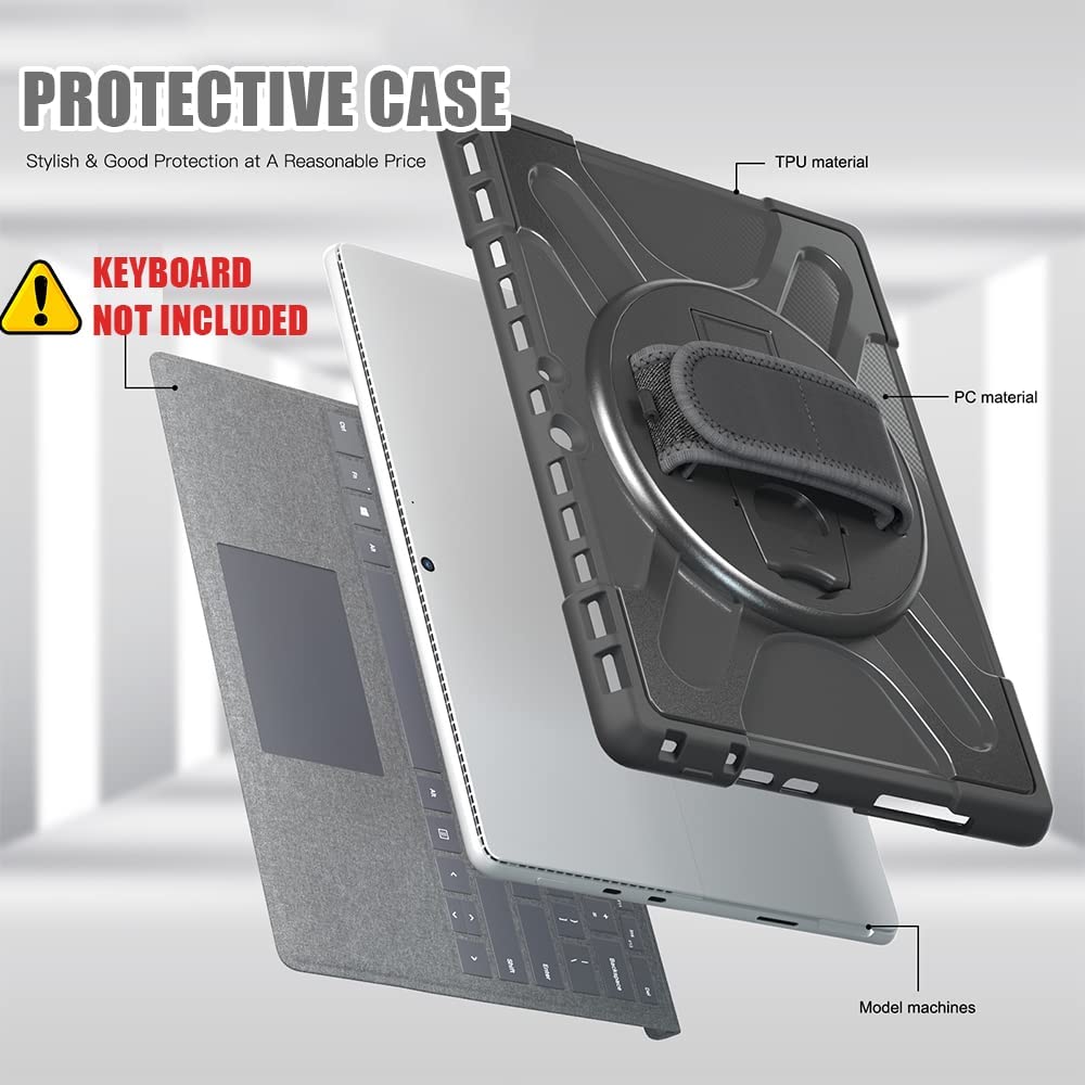 Yapears Surface Pro 8 Case 13 inch 2021, Yapears Rugged Case for Surface Pro 8 with Kickstand and Hand Strap Heavy Duty Shockproof, Compatible with Type Cover Keyboard-Black