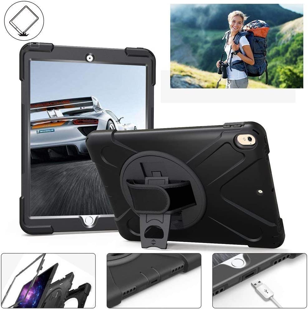 Fire HD 10 Case (2019/2018/2017 Release), Three Layer Heavy Duty Shockproof Rugged Protective High Impact Cover Case W/ Stand Hand Strap & Shoulder Strap for Amazon Kindle Fire HD 10.1 Inch Tablet - Black