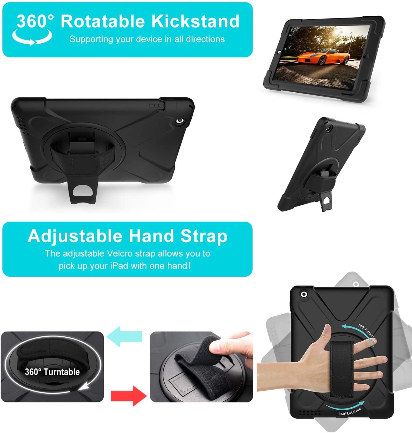 Fire HD 10 Case (2019/2018/2017 Release), Three Layer Heavy Duty Shockproof Rugged Protective High Impact Cover Case W/ Stand Hand Strap & Shoulder Strap for Amazon Kindle Fire HD 10.1 Inch Tablet - Black