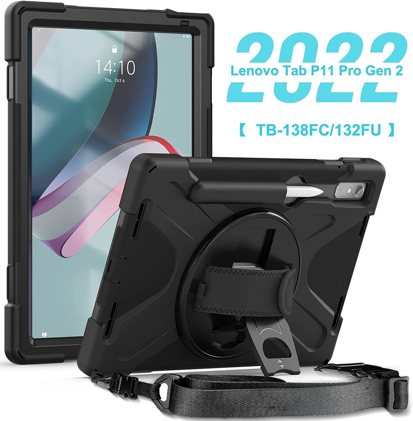 Cover Case Heavy Duty Shockproof TPU Case Compatible with Lenovo Pad Pro 11.2 2022 TB-138FC/132FU,Protective Cover Drop-Proof Shock-Proof W Rotating Kickstand+Handle+Shoulder Strap Protective Cover (