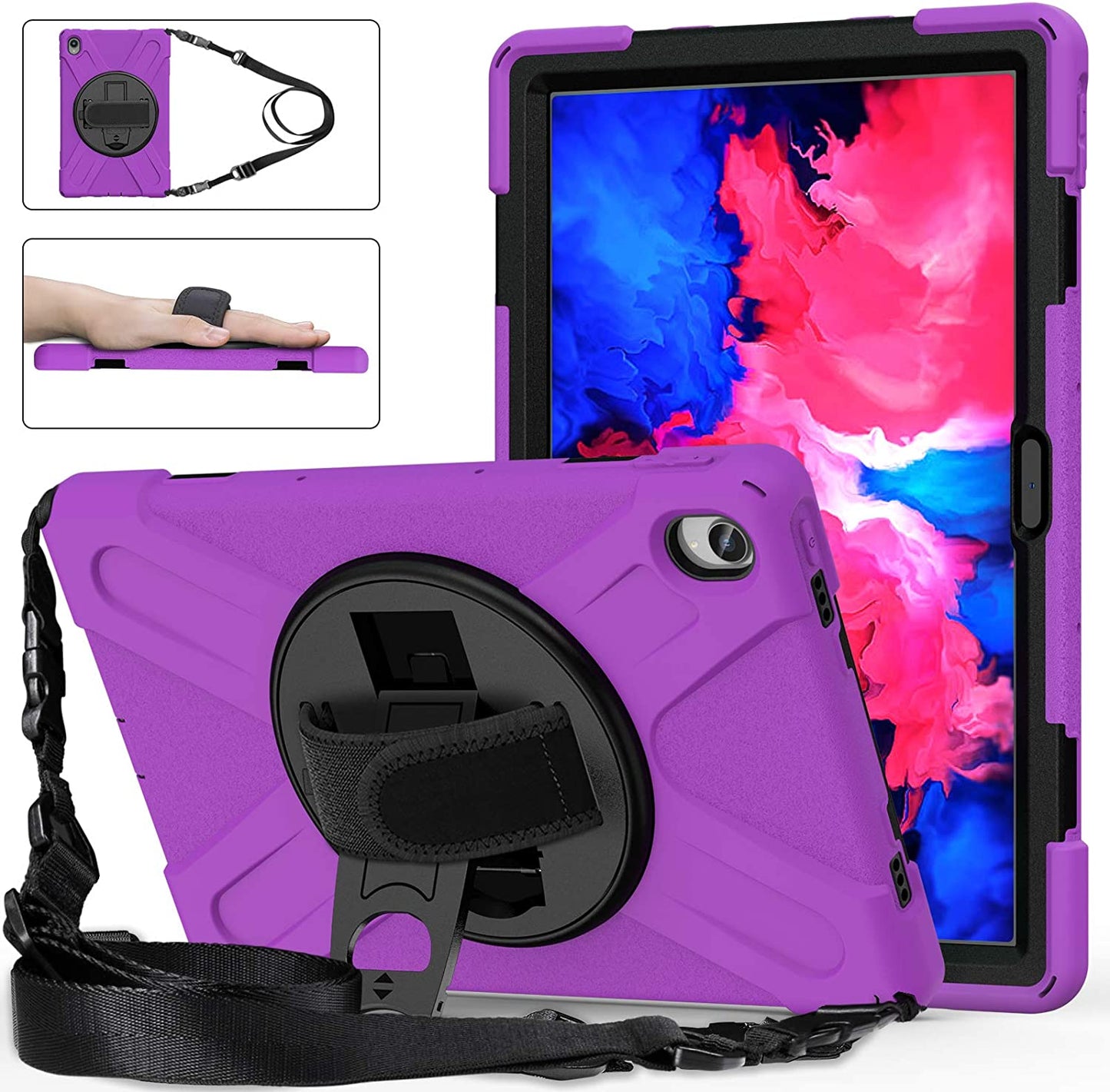Case for Lenovo Tab P11 Plus 11" TB-J607F 2021, Military Grade 15ft Drop Tested Shockproof Protective Cover with 360? Rotating Stand, Hand Strap and Shoulder Strap (Purple)