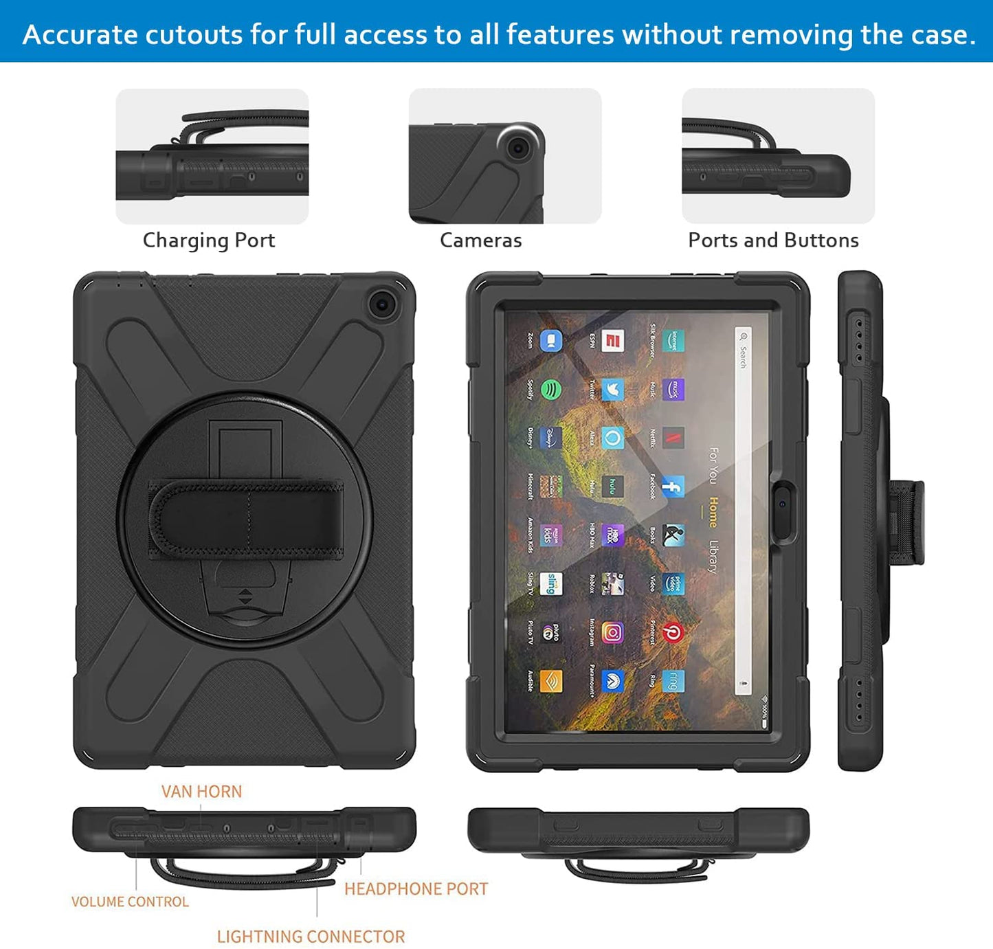 Fire HD 10 Case (2019/2018/2017 Release), Three Layer Heavy Duty Shockproof Rugged Protective High Impact Cover Case W/ Stand Hand Strap & Shoulder Strap for Amazon Kindle Fire HD 10.1 Inch Tablet - Black