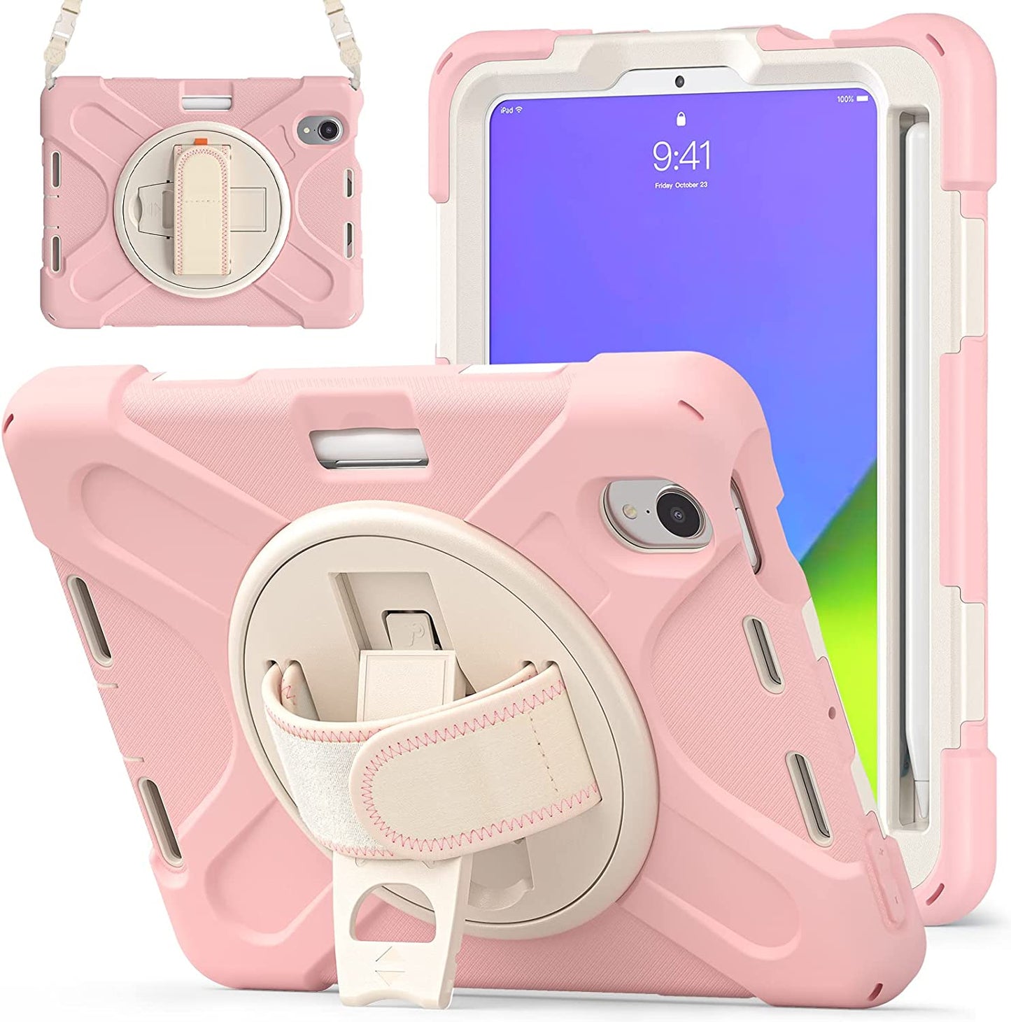 Yapears New iPad Mini 6 Case 2021, Yapears Heavy Duty Shockproof Rugged Mini 6 Case A2567/A2568/A2569 with Pencil Holder Kickstand Hand Strap Carrying Shoulder Belt for iPad Mini 6 Tablet,Black