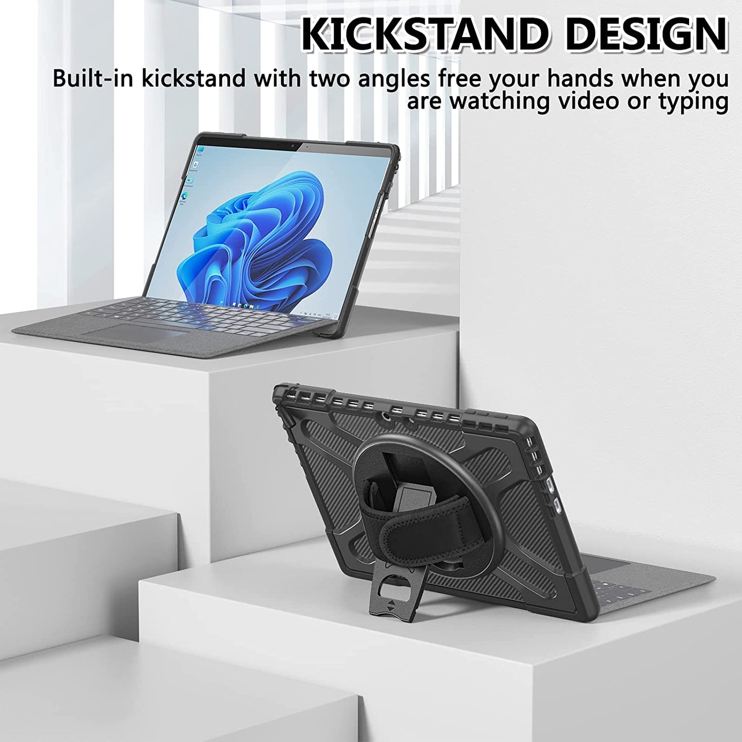 Yapears Surface Pro 8 Case 13 inch 2021, Yapears Rugged Case for Surface Pro 8 with Kickstand and Hand Strap Heavy Duty Shockproof, Compatible with Type Cover Keyboard-Black