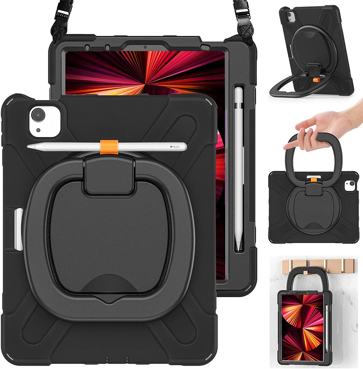Fire HD 10 Case (2019/2018/2017 Release), Three Layer Heavy Duty Shockproof Rugged Protective High Impact Cover Case W/ Stand Hand Strap & Shoulder Strap for Amazon Kindle Fire HD 10.1 Inch Tablet - Black