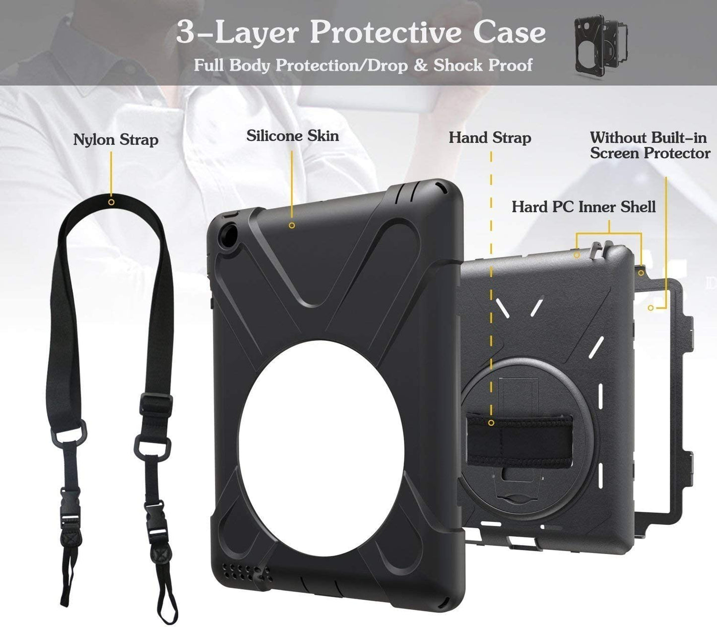 Fire HD 10 Case (2019/2018/2017 Release), Three Layer Heavy Duty Shockproof Rugged Protective High Impact Cover Case W/ Stand Hand Strap & Shoulder Strap for Amazon Kindle Fire HD 10.1 Inch Tablet - Black