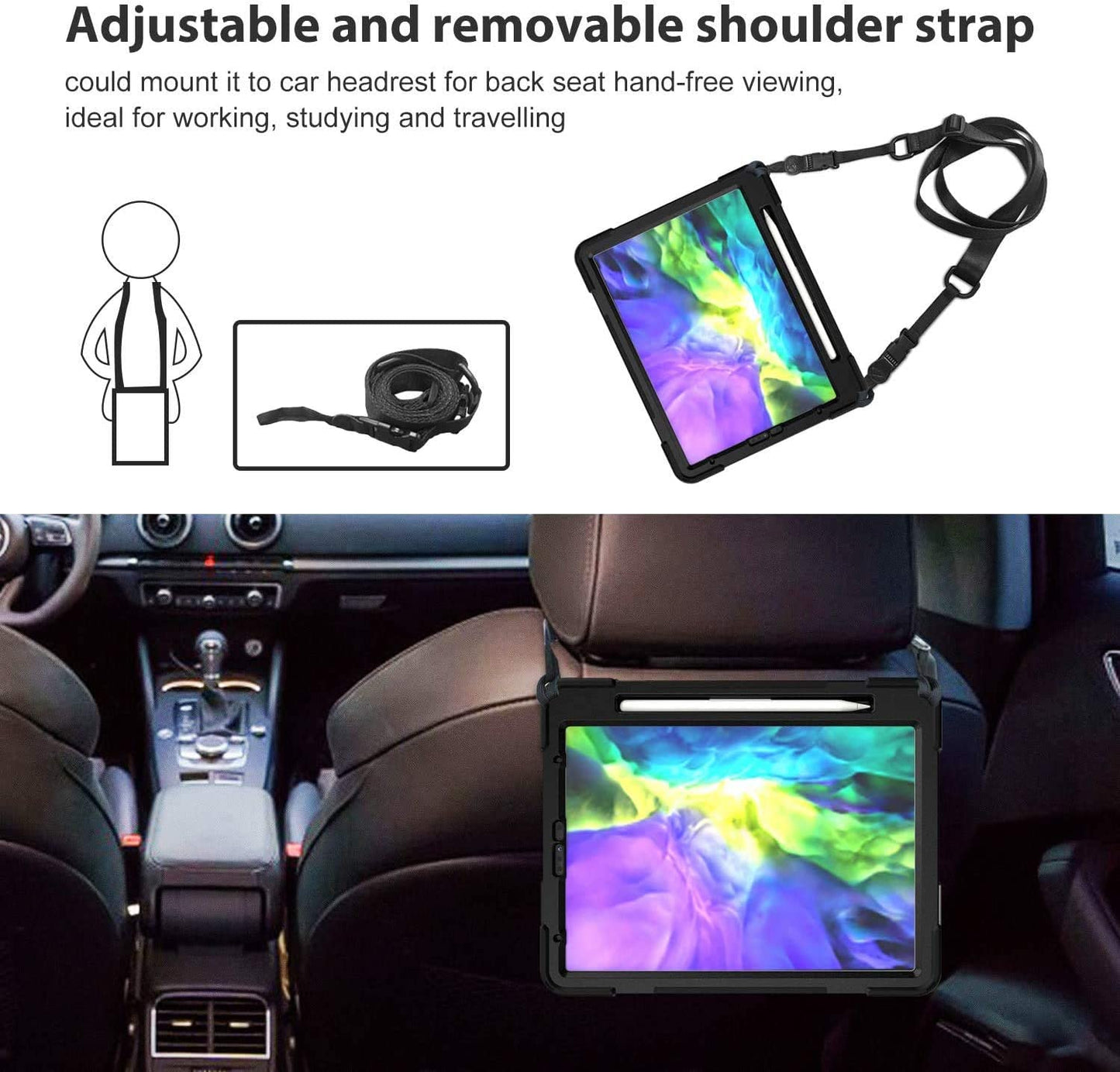 Fire HD 10 Case (2019/2018/2017 Release), Three Layer Heavy Duty Shockproof Rugged Protective High Impact Cover Case W/ Stand Hand Strap & Shoulder Strap for Amazon Kindle Fire HD 10.1 Inch Tablet - Black