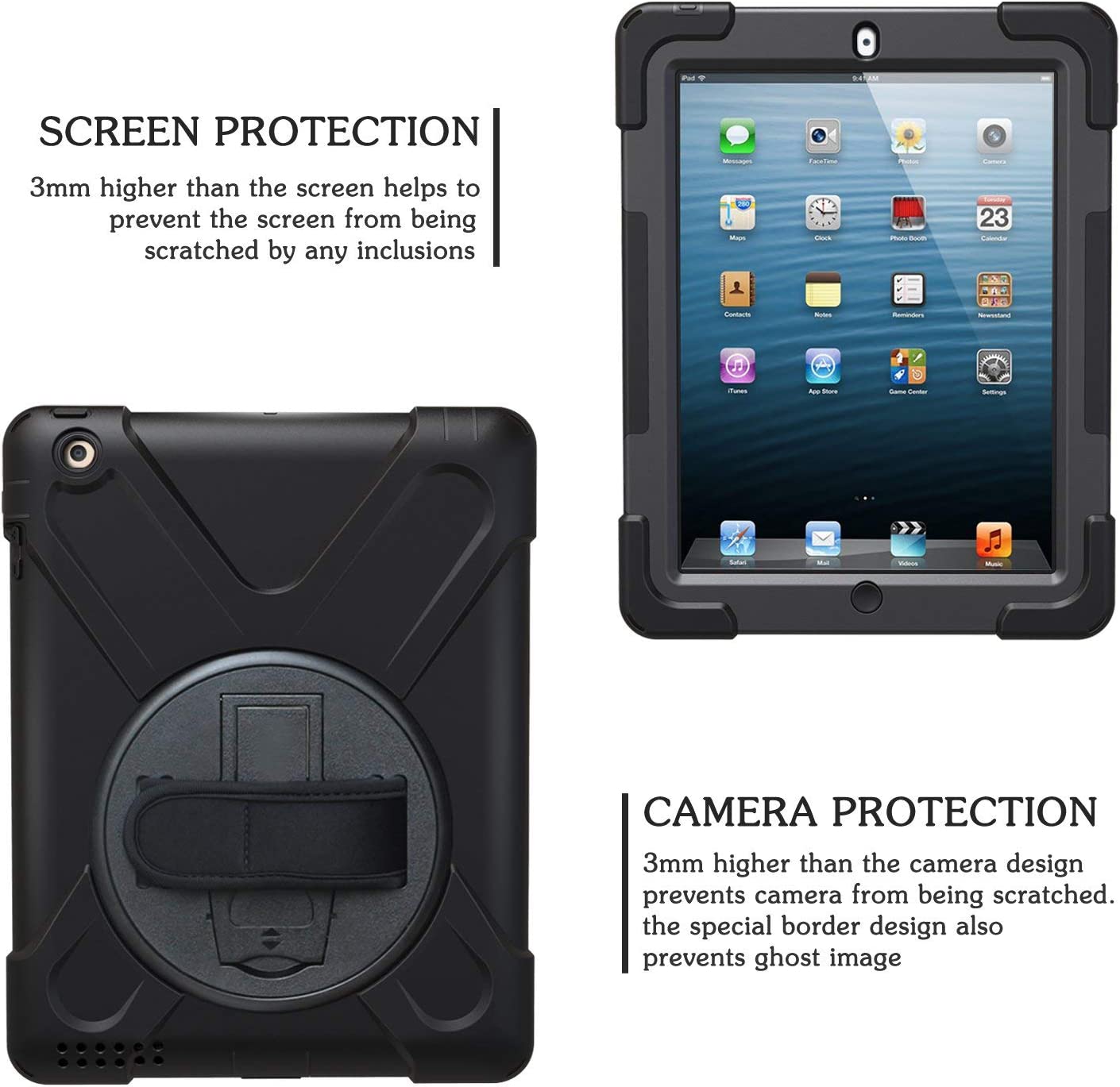 Fire HD 10 Case (2019/2018/2017 Release), Three Layer Heavy Duty Shockproof Rugged Protective High Impact Cover Case W/ Stand Hand Strap & Shoulder Strap for Amazon Kindle Fire HD 10.1 Inch Tablet - Black