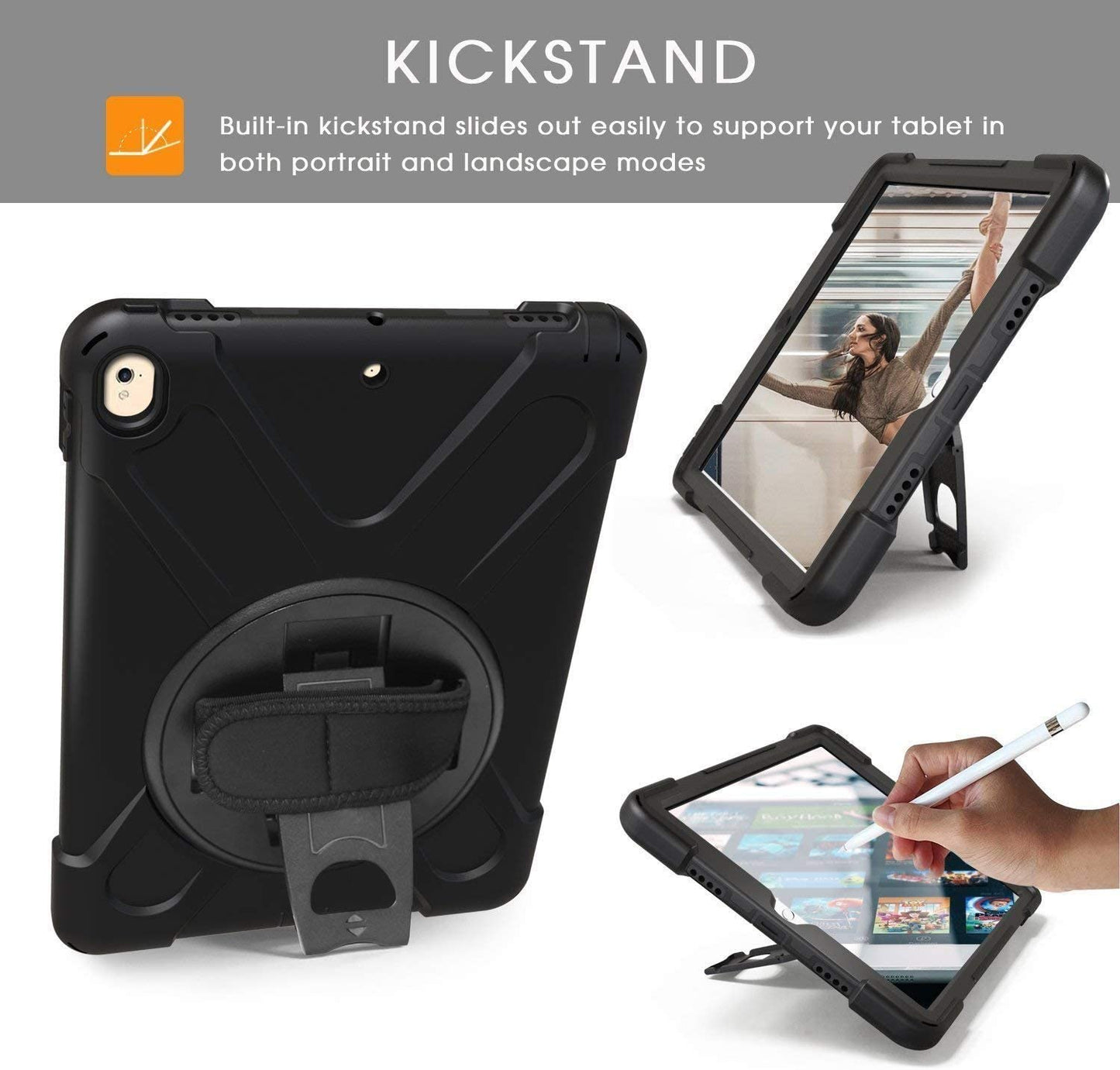Fire HD 10 Case (2019/2018/2017 Release), Three Layer Heavy Duty Shockproof Rugged Protective High Impact Cover Case W/ Stand Hand Strap & Shoulder Strap for Amazon Kindle Fire HD 10.1 Inch Tablet - Black