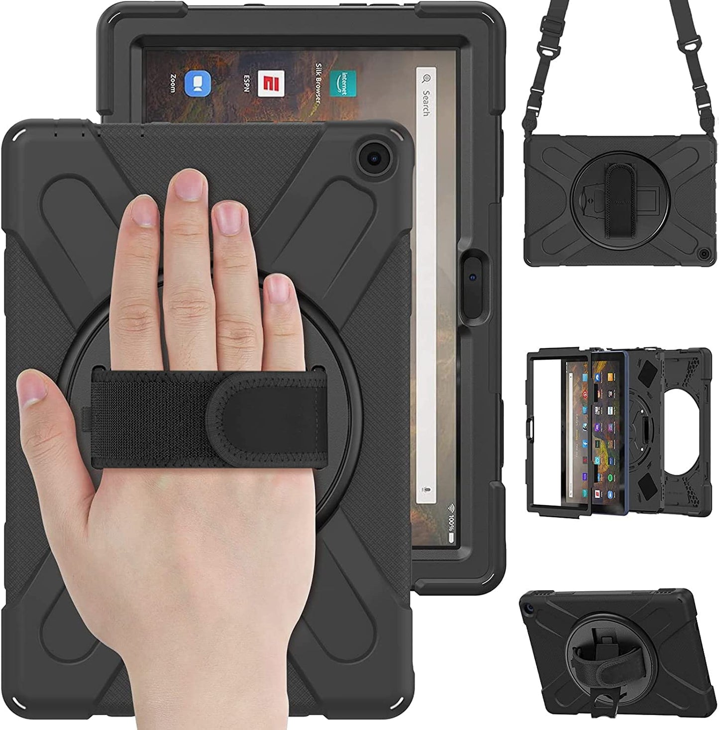 Fire HD 10 Case (2019/2018/2017 Release), Three Layer Heavy Duty Shockproof Rugged Protective High Impact Cover Case W/ Stand Hand Strap & Shoulder Strap for Amazon Kindle Fire HD 10.1 Inch Tablet - Black