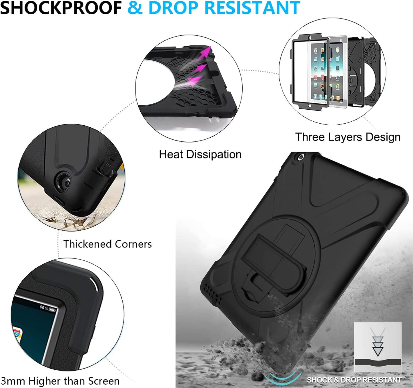 Fire HD 10 Case (2019/2018/2017 Release), Three Layer Heavy Duty Shockproof Rugged Protective High Impact Cover Case W/ Stand Hand Strap & Shoulder Strap for Amazon Kindle Fire HD 10.1 Inch Tablet - Black