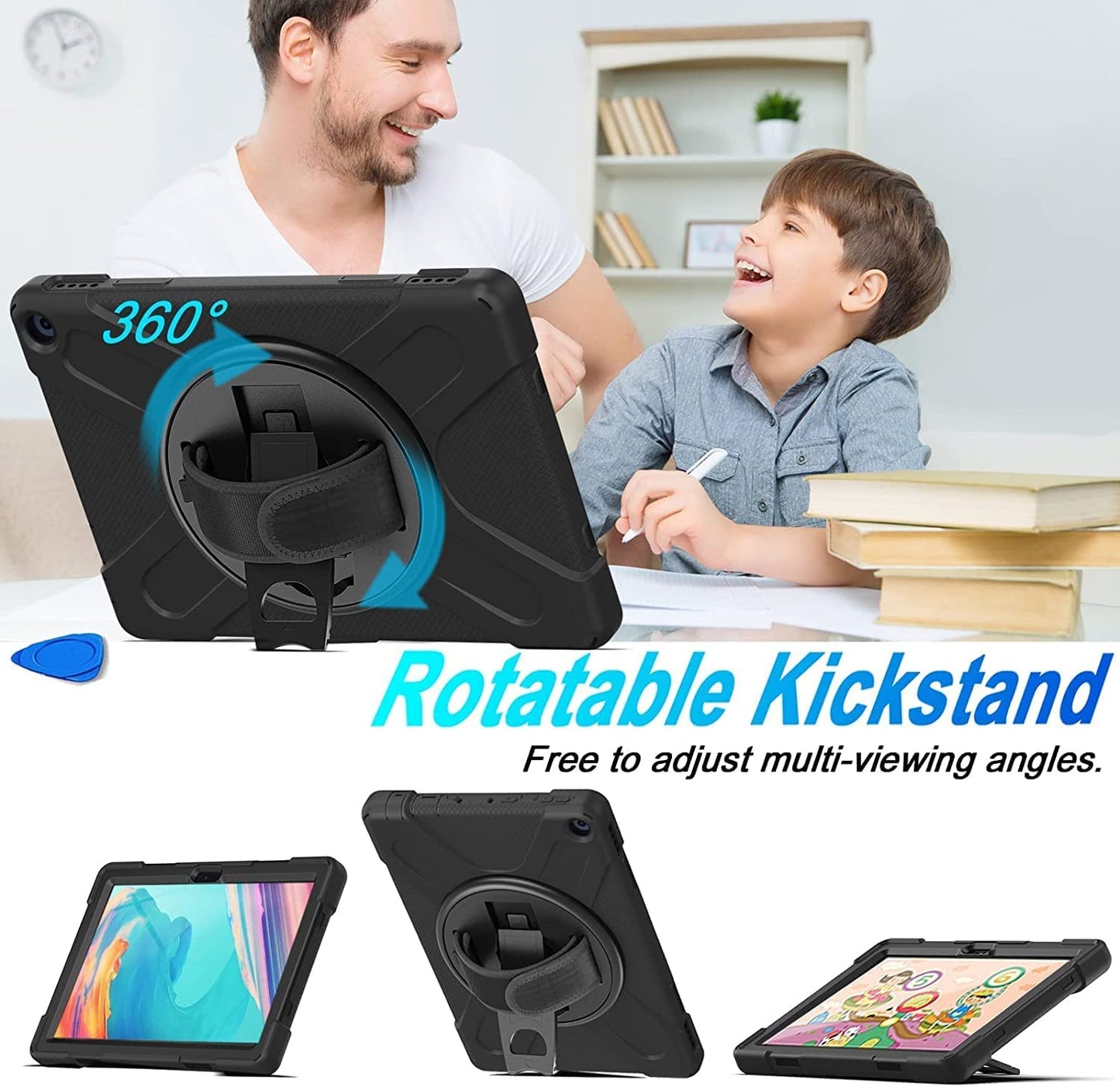 Fire HD 10 Case (2019/2018/2017 Release), Three Layer Heavy Duty Shockproof Rugged Protective High Impact Cover Case W/ Stand Hand Strap & Shoulder Strap for Amazon Kindle Fire HD 10.1 Inch Tablet - Black