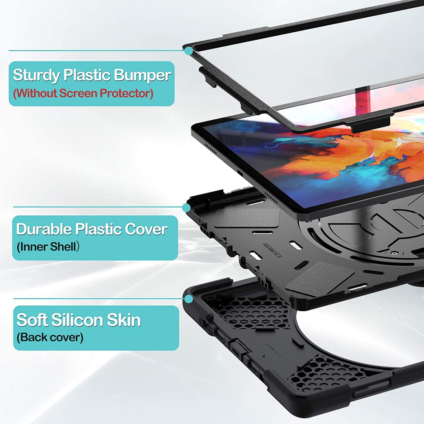 Yapears Rugged Case for Lenovo Tab P11 Pro 11.5" 2020 (TB-J706F / TB-J706L), Shockproof Heavy Duty Case Protective Cover with Shoulder Strap 360 Rotatable Kickstand ??lack
