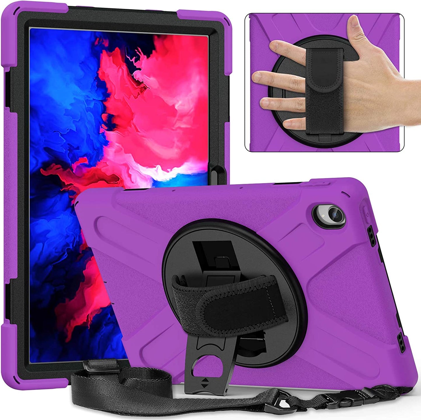 Case for Lenovo Tab P11 Plus 11" TB-J607F 2021, Military Grade 15ft Drop Tested Shockproof Protective Cover with 360? Rotating Stand, Hand Strap and Shoulder Strap (Purple)