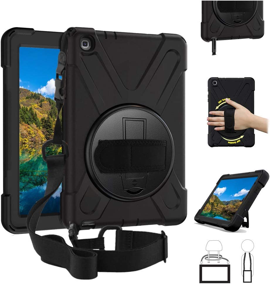 Yapears Galaxy Tab A 8.0" (2019) with S Pen Case, 360 Degree Rotatable with Kickstand,Hand Strap and Shoulder Strap case, Yapears 3 Layer Hybrid Heavy Duty Shockproof case for SM-P200/P205 (Black)