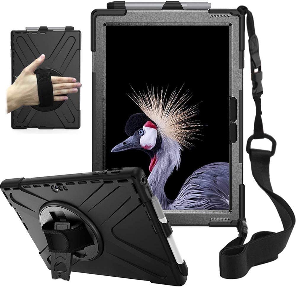 Yapears Surface Case for Pro 7 (2019) / Pro 6 (2018) / Pro 5 (2017) / Pro 4 (2015) with Pencil Holder, Stand, Hand Strap and Shoulder Belt for Surface 12.3 inch Tablet Heavy Duty Shockproof-Black