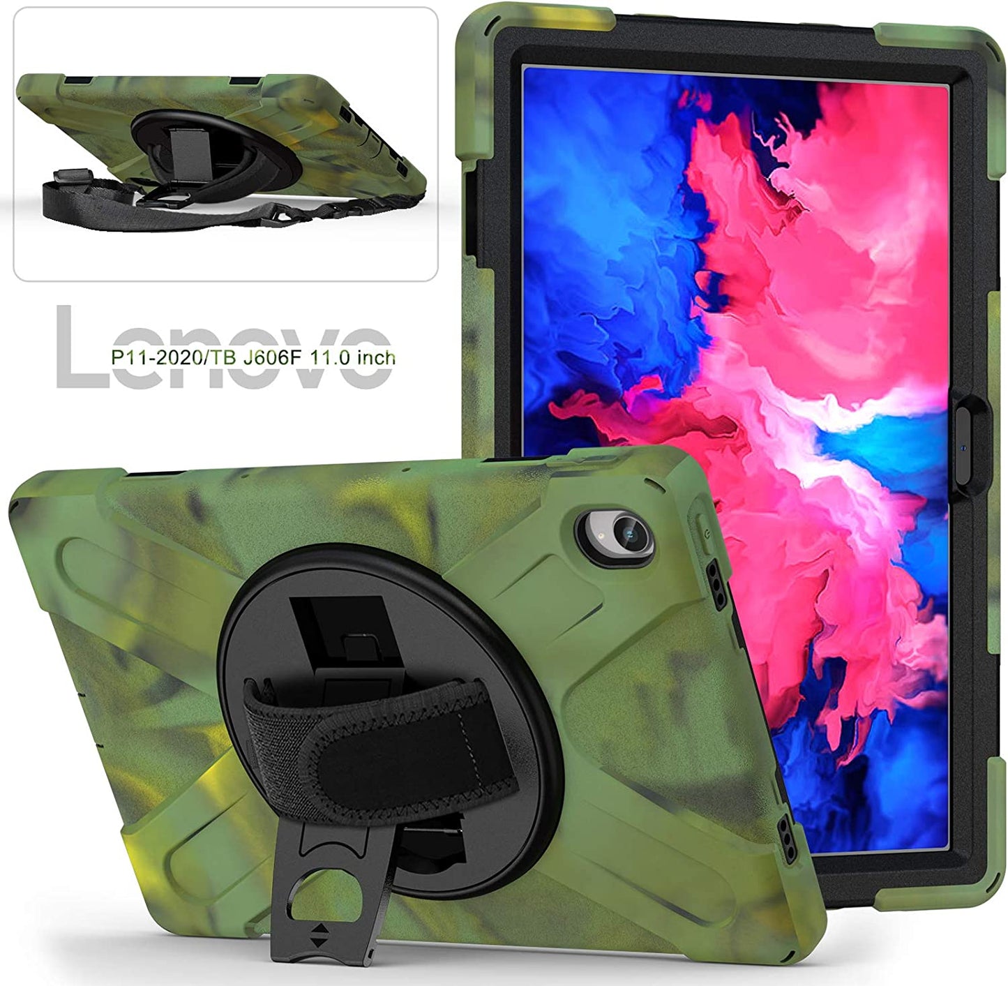 Case for Lenovo Tab P11 Plus 11" TB-J607F 2021, Military Grade 15ft Drop Tested Shockproof Protective Cover with 360? Rotating Stand, Hand Strap and Shoulder Strap (Purple)