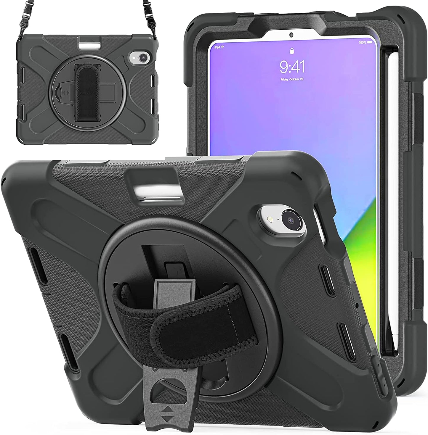 Yapears New iPad Mini 6 Case 2021, Yapears Heavy Duty Shockproof Rugged Mini 6 Case A2567/A2568/A2569 with Pencil Holder Kickstand Hand Strap Carrying Shoulder Belt for iPad Mini 6 Tablet,Black