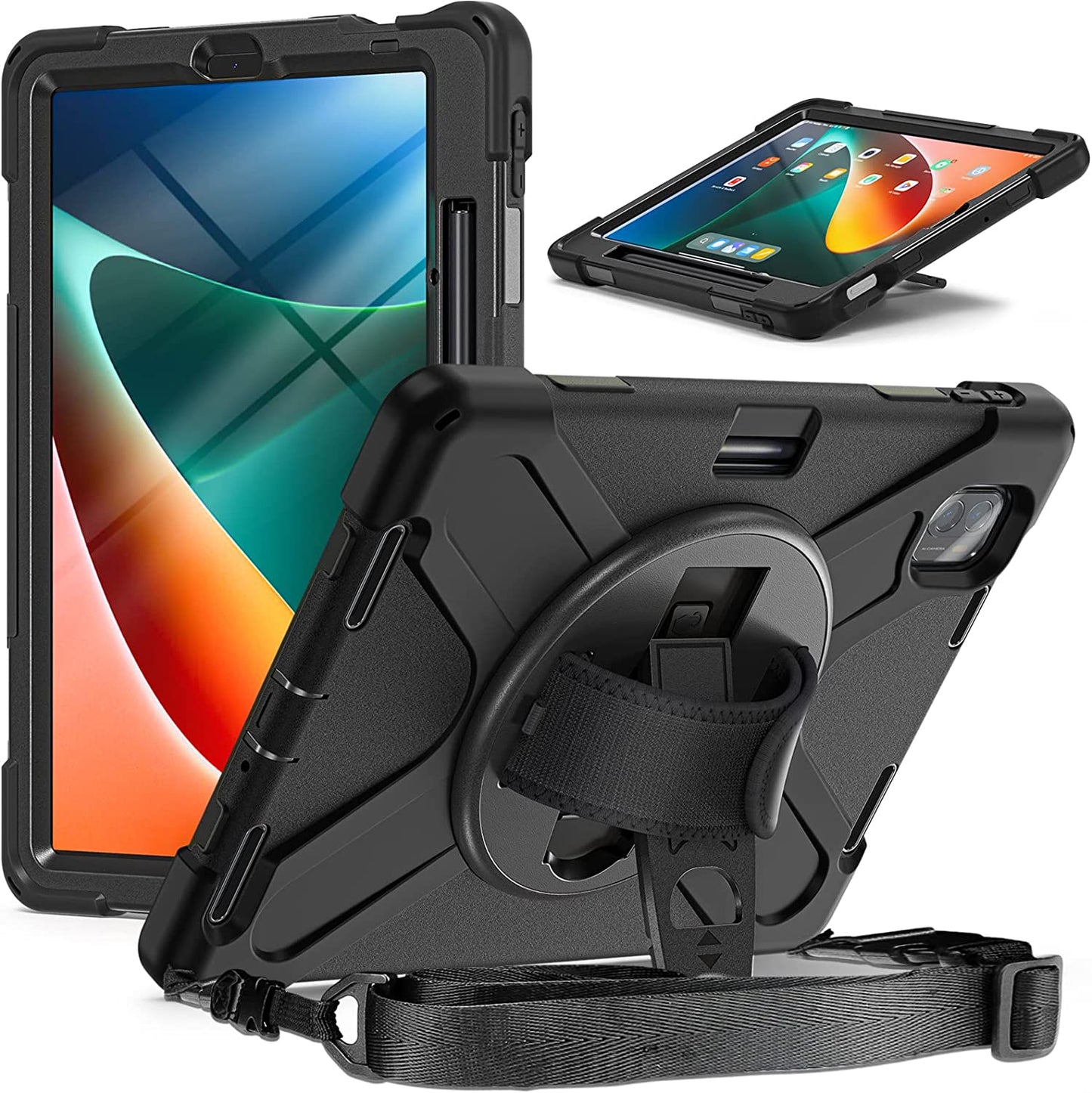 Rugged Case for Xiaomi-Mi-Pad-5 / MiPad-5-Pro 11 inch 2021 w/ Stylus Holder & Kickstand, Portable Heavy Duty Hybrid Shock-Proof Cover with 360? Rotatable Handle, Shoulder Strap (Black)