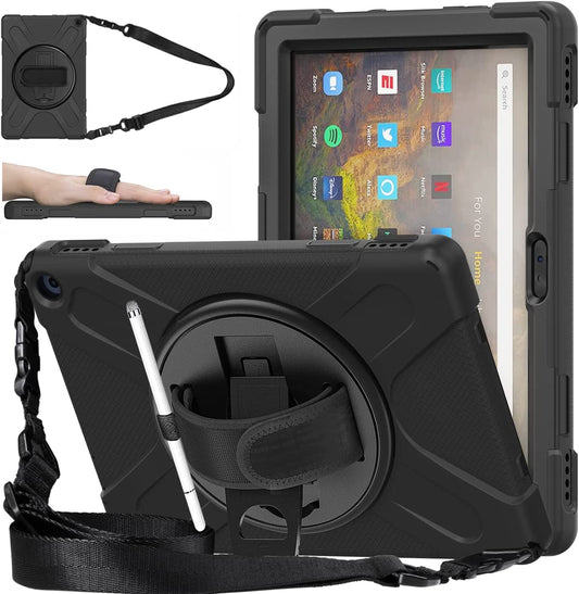 Fire HD 10 Case (2019/2018/2017 Release), Three Layer Heavy Duty Shockproof Rugged Protective High Impact Cover Case W/ Stand Hand Strap & Shoulder Strap for Amazon Kindle Fire HD 10.1 Inch Tablet - Black