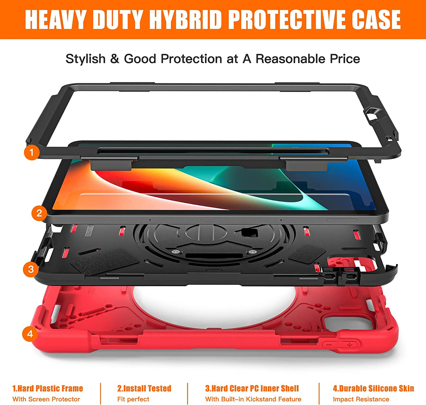 Rugged Case for Xiaomi-Mi-Pad-5 / MiPad-5-Pro 11 inch 2021 w/ Stylus Holder & Kickstand, Portable Heavy Duty Hybrid Shock-Proof Cover with 360? Rotatable Handle, Shoulder Strap (Black)