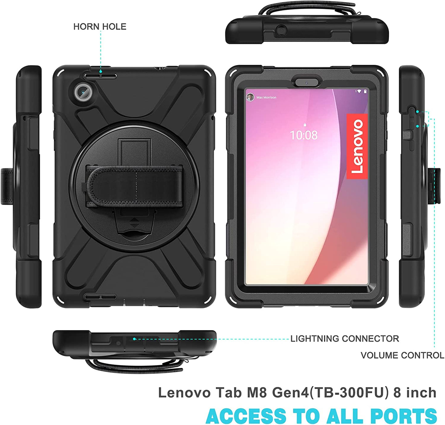 Yapears Rugged Case for Lenovo Tab M9 (TB-310FU, 2023 Released) with Stand Hand Strap Shoulder Belt Shockproof Case, Black