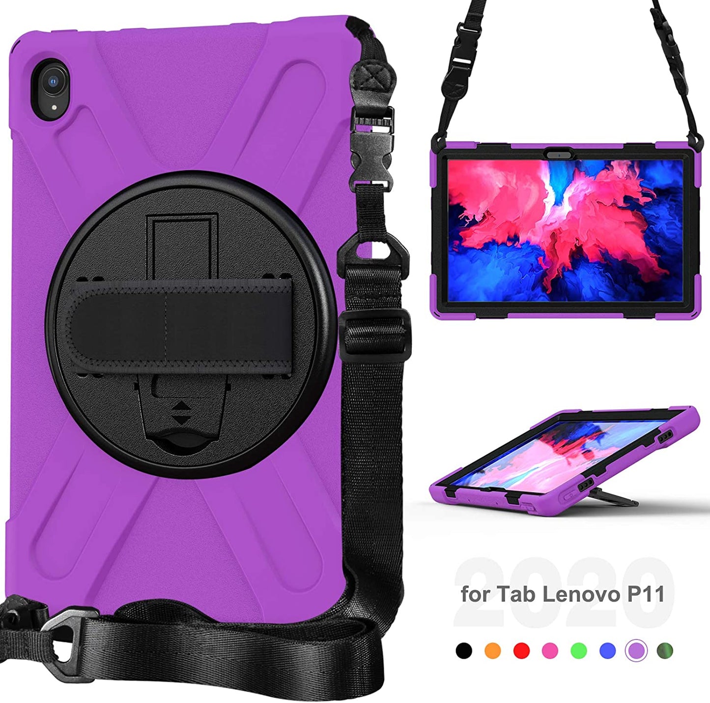 Case for Lenovo Tab P11 Plus 11" TB-J607F 2021, Military Grade 15ft Drop Tested Shockproof Protective Cover with 360? Rotating Stand, Hand Strap and Shoulder Strap (Purple)